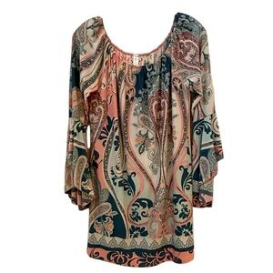 Relaxed Blue and Pink Blouse with Embellished Neckline